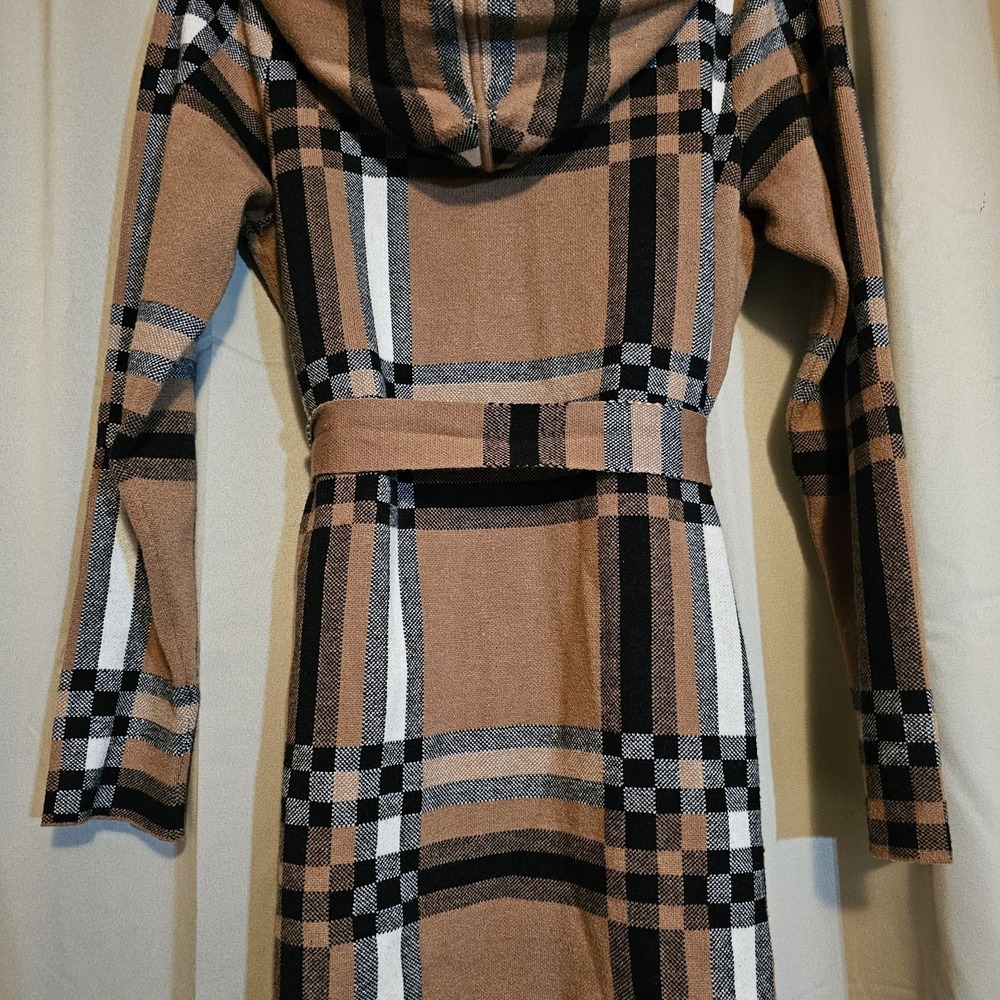 Christian Siriano Hooded Brown Plaid Cardigan Sweater Women's Size Medium - Picture 3 of 9